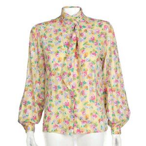 Vtg 90's Floral Cottagecore Yellow Pink Loop Tie High Neck Blouse Top sz 10 /596